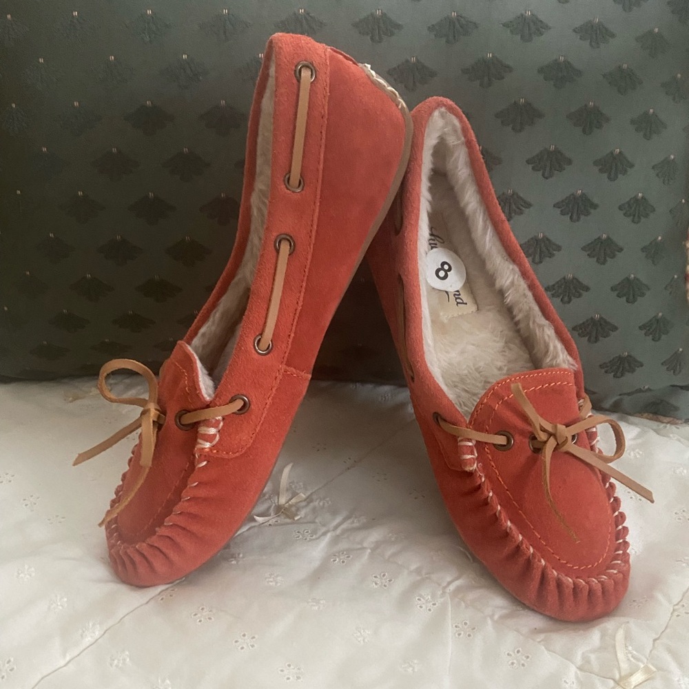 Lucky Brand suede, fur-lined, slip-on moccasins. Genuine suede leather upper.